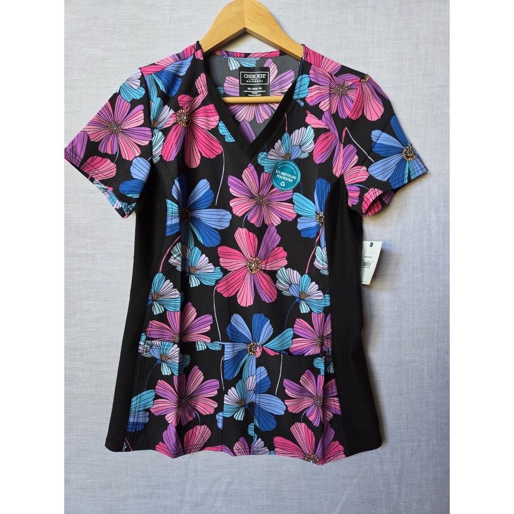 NWT Women's Cherokee Scrub Top Pink & Blue Floral Print Scrub Top XS New Adorbs